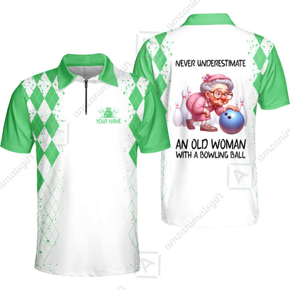 Custom Bowling Jersey Polo Shirt, Never Underestimate An Old Woman With A Bowling Ball, Personalized Name & Team Name