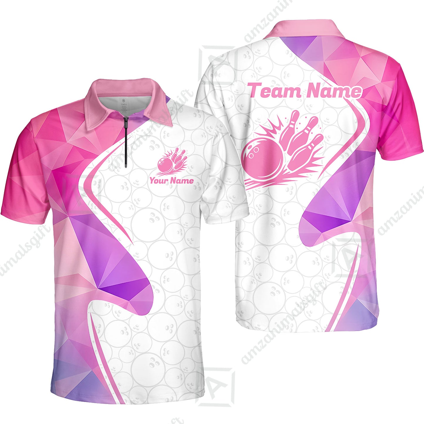 Custom Bowling Jersey Polo Shirt, Polygon Pink Color Purple, Custom Bowling Jersey Team Shirt For Players With Name and Team Name