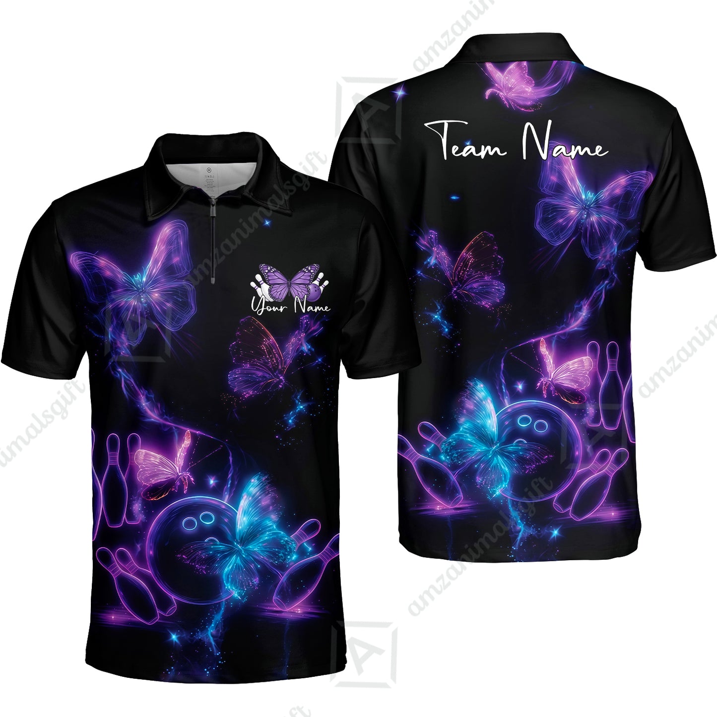 Custom Bowling Jersey Polo Shirt, Bowling Butterfly Universe, Custom Bowling Jersey Team Shirt For Players With Name and Team Name