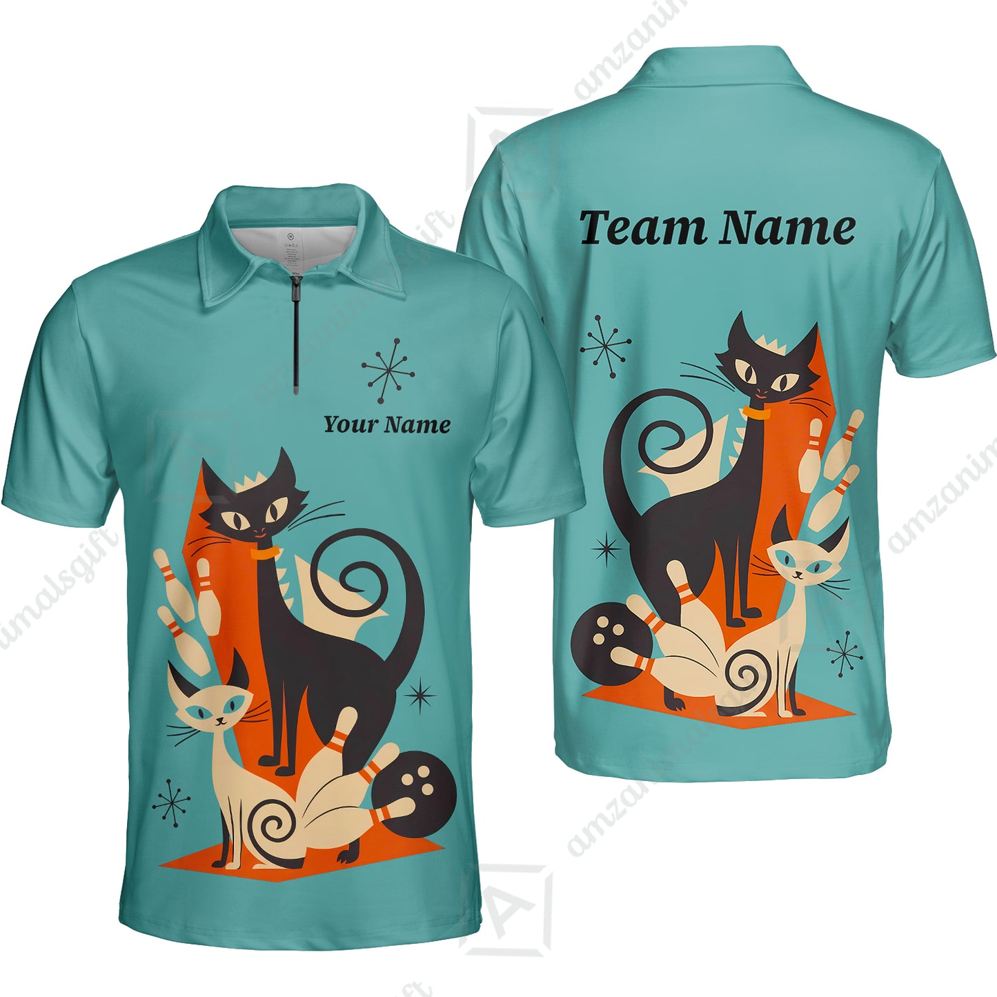 Custom Bowling Jersey Polo Shirt, Retro Cats, Custom Bowling Jersey Team Shirt For Players With Name & Team Name