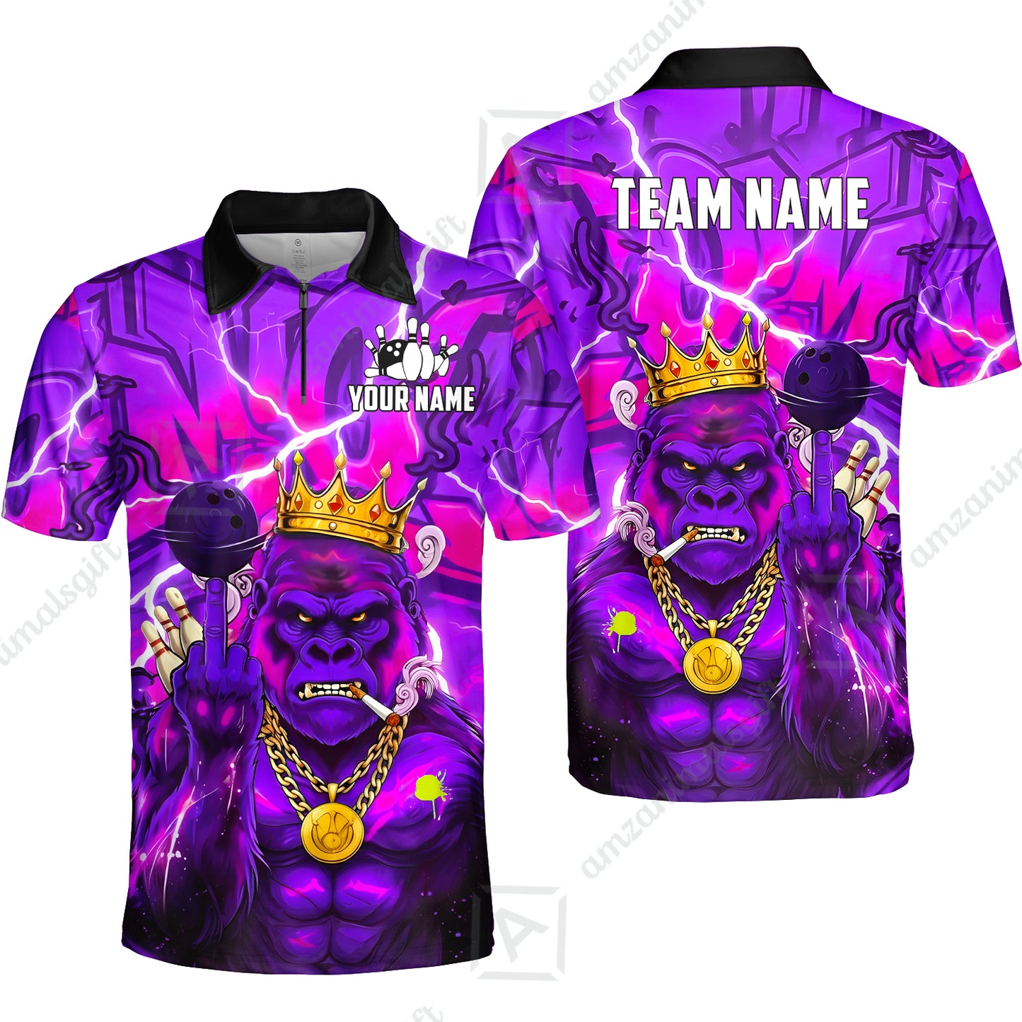 Custom Bowling Jersey Polo Shirt, Rebellious Gorilla King & Street Graffiti, Custom Bowling Jersey Team Shirt For Players With Name & Team Name