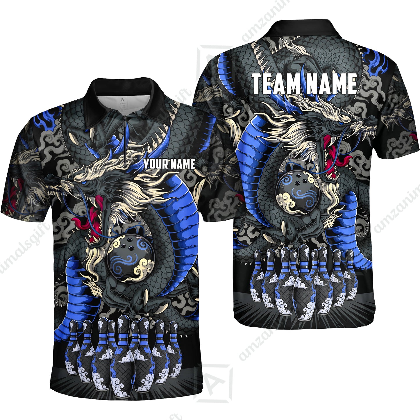 Custom Bowling Jersey Polo Shirt, Oriental Jade Dragon & Classic Clouds, Custom Bowling Jersey Team Shirt For Players With Name & Team Name