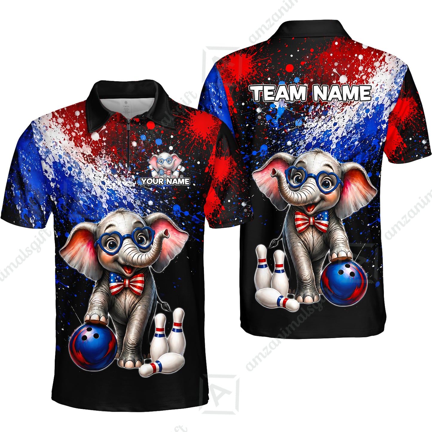 Custom Bowling Jersey Polo Shirt, Patriotic Elephant Bowling, Personalize Name and Team Name