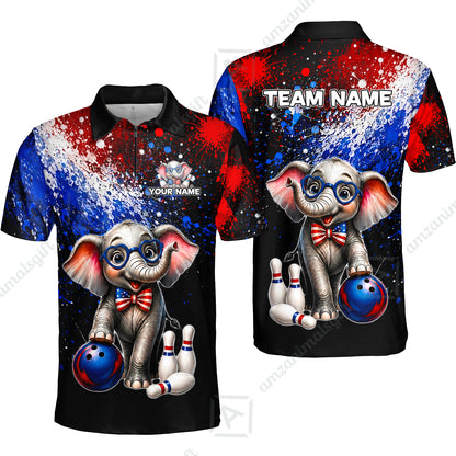Custom Bowling Jersey Polo Shirt, Patriotic Elephant Bowling, Personalize Name and Team Name