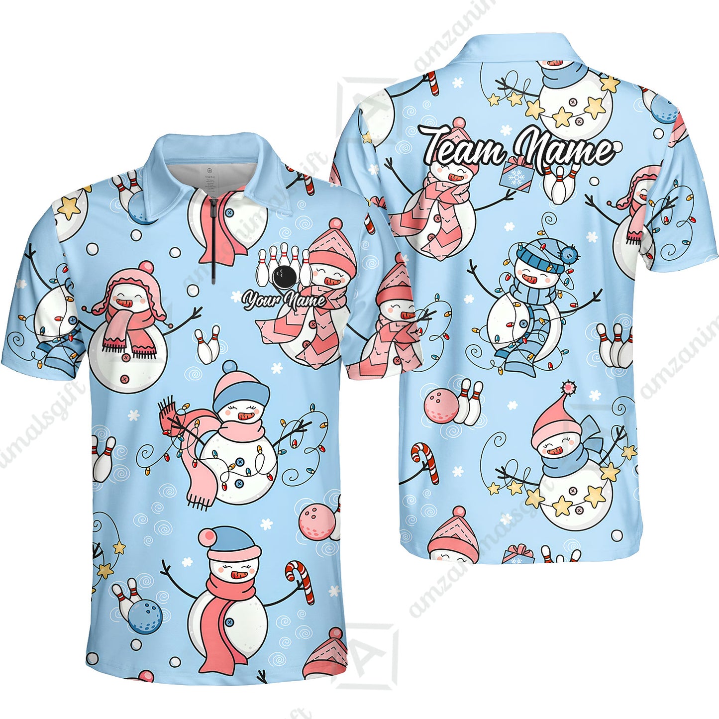 Custom Bowling Jersey Polo Shirt, Snowman Bowling Snowflower, Personalized Name And Team Name