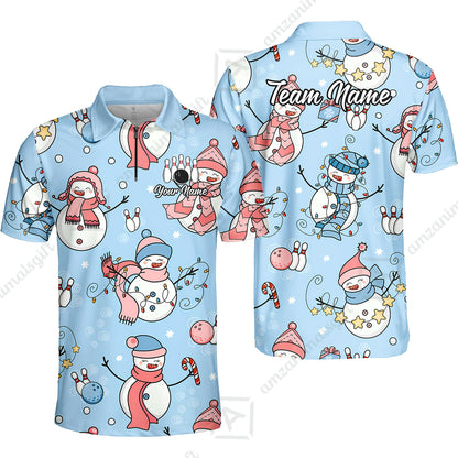 Custom Bowling Jersey Polo Shirt, Snowman Bowling Snowflower, Personalized Name And Team Name