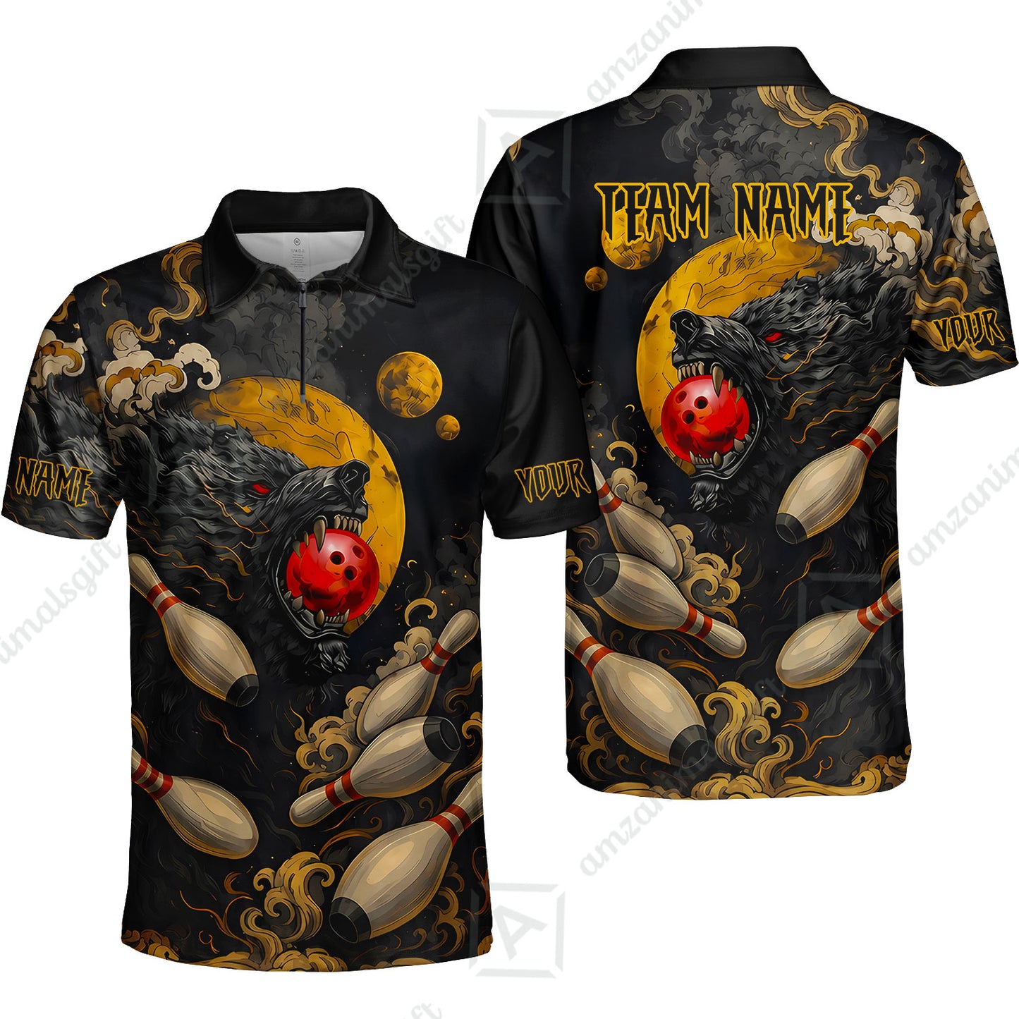 Custom Bowling Jersey Polo Shirt, Bowling And Pin Wolf Moon Smoke Japan Style, Personalize Name and Team Name