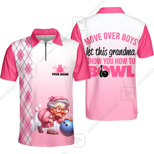 Customized Bowling Grandma Quarter-Zip Polo Shirt, Bowling Grandma Pink Style Let This Grandma Show You How To Bowl