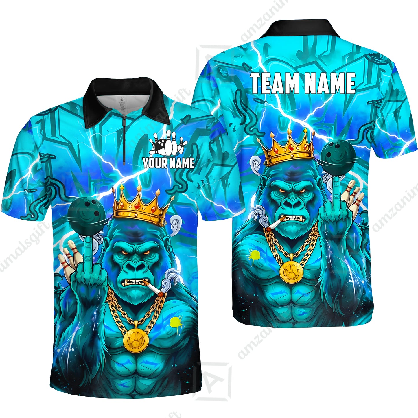 Custom Bowling Jersey Polo Shirt, Rebellious Gorilla King & Street Graffiti, Custom Bowling Jersey Team Shirt For Players With Name & Team Name