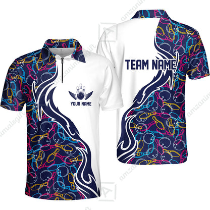 Customized Bowling Quarter-Zip Polo Shirt Skittles And Balls Outline Bowling Pattern Custom Name And Team Name For Bowlers