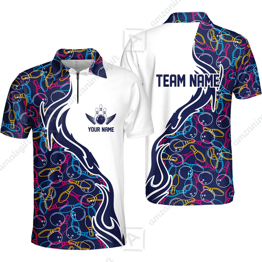 Customized Bowling Quarter-Zip Polo Shirt Skittles And Balls Outline Bowling Pattern Custom Name And Team Name For Bowlers