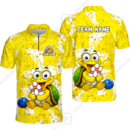 Custom Bowling Jersey Polo Shirt, Cute Turtle Holding Pins, Personalized Name And Team Name