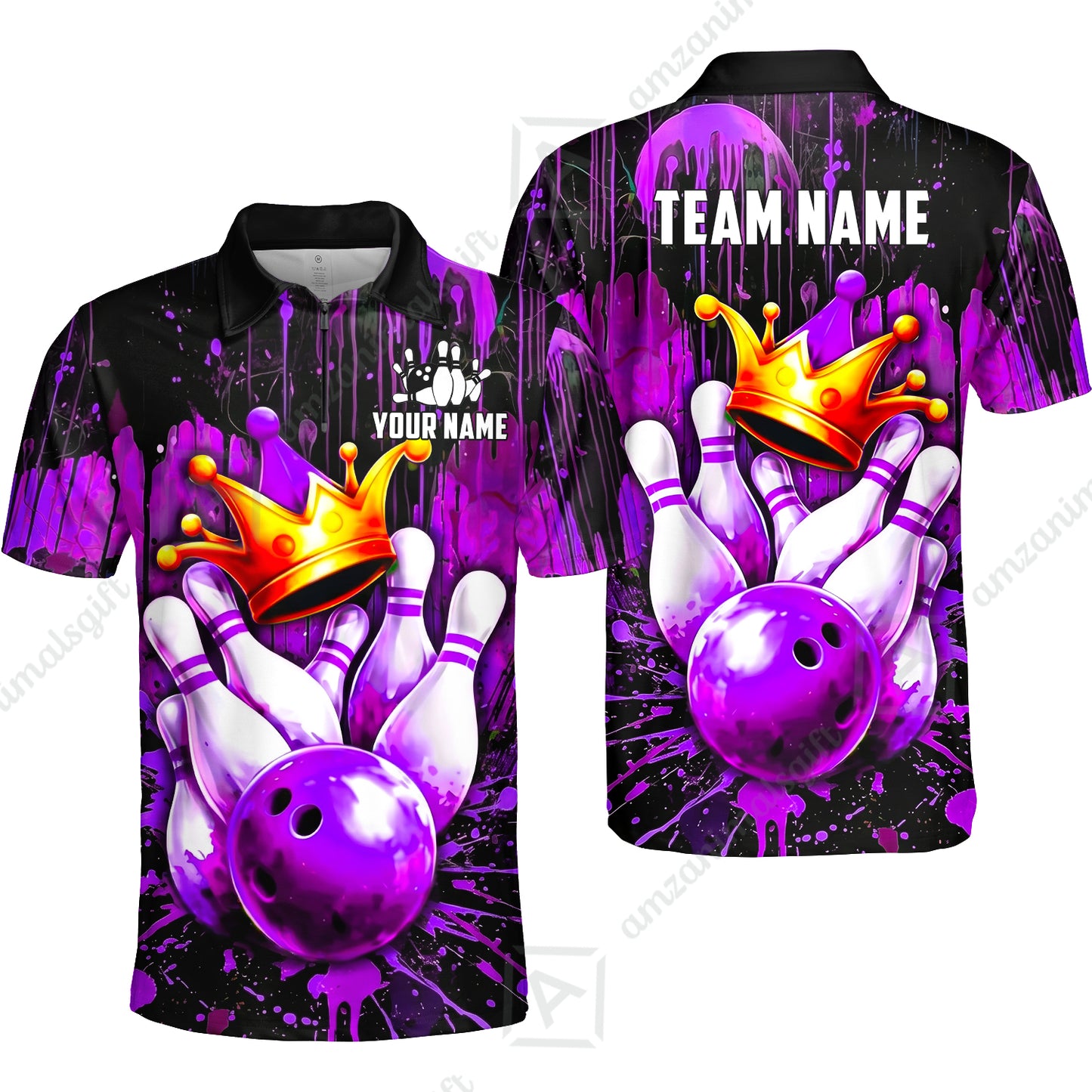 Custom Bowling Jersey Polo Shirt, Neon King Crown, Custom Bowling Jersey Team Shirt For Players With Name and Team Name