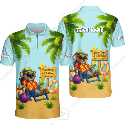 Custom Bowling Jersey Polo Shirt, Chilling Koala Bowling Custom Bowling Jersey Team Shirt For Players With Name & Team Name