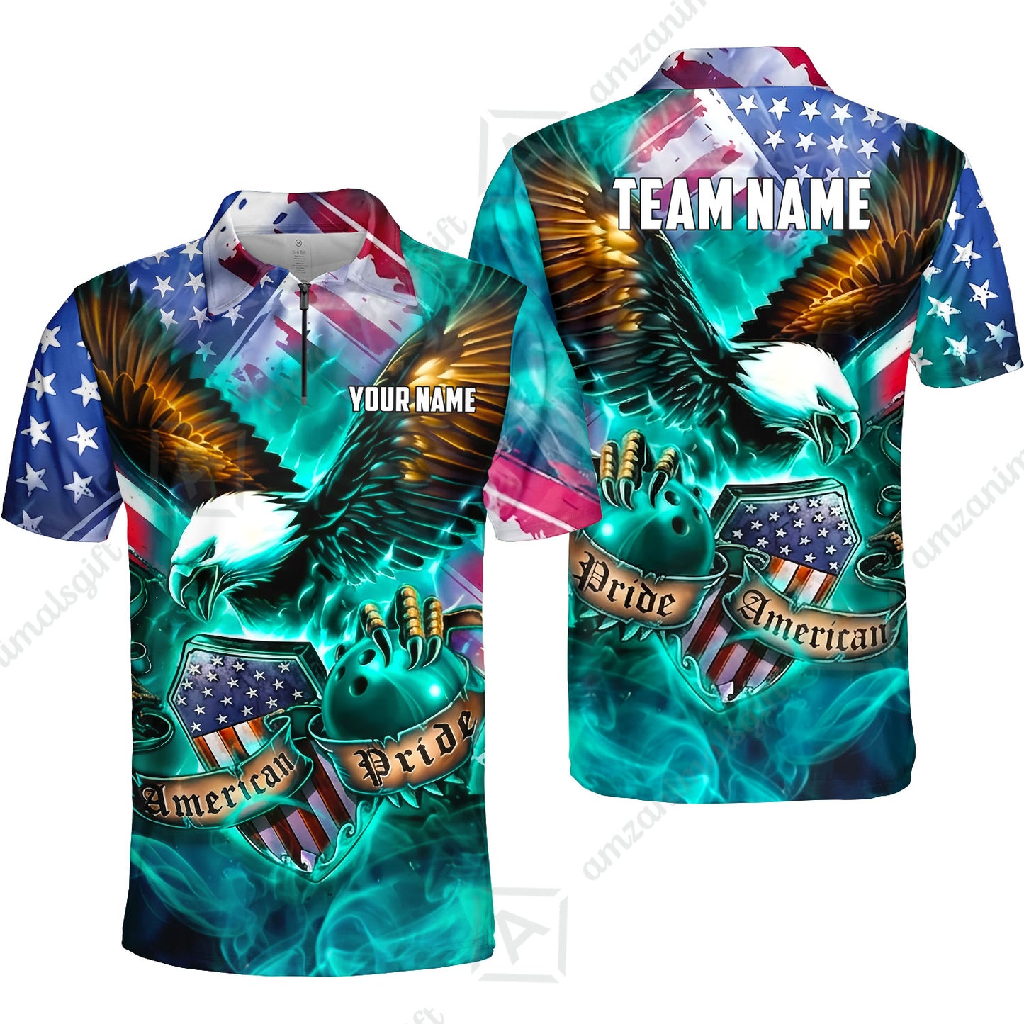 Custom Bowling Jersey Polo Shirt, American Pride Eagle, Personalized Name & Team Name