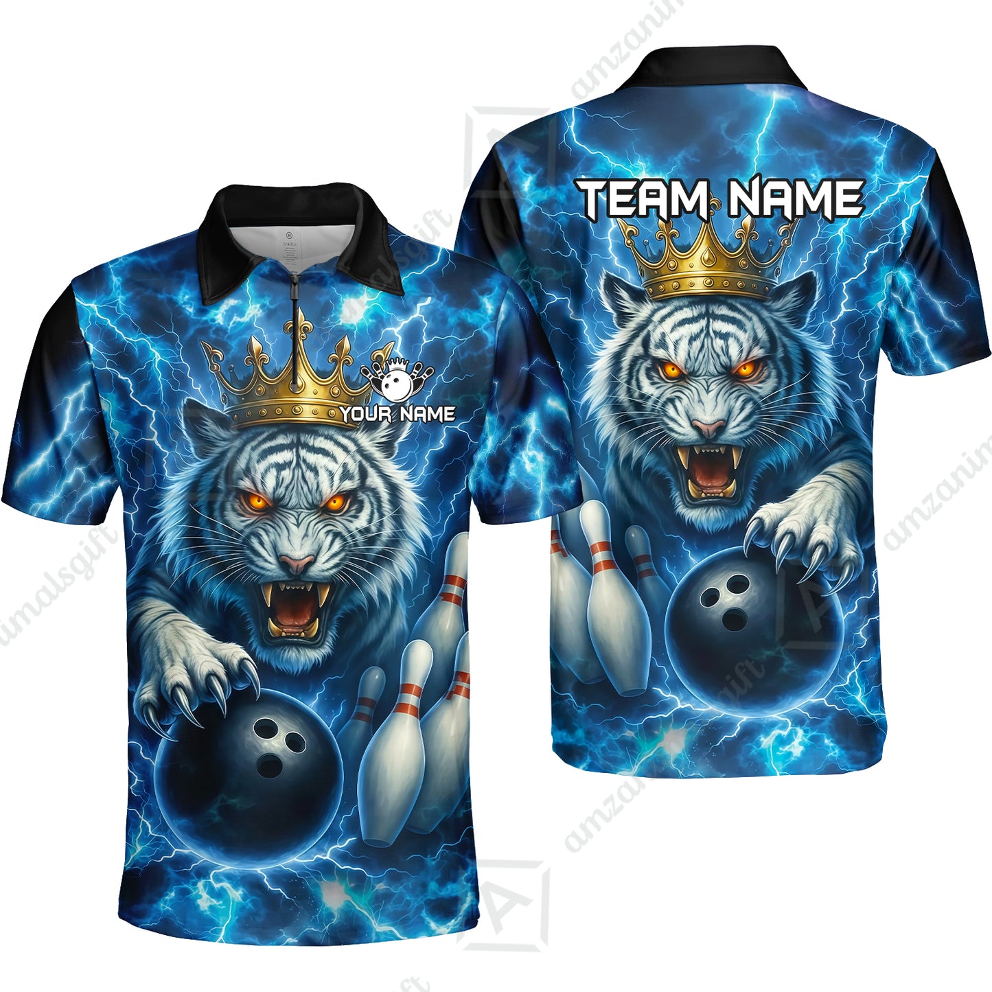 Custom Bowling Team Quarter-Zip Polo Shirt, Bowling White Tiger Lighting Shirt, Personalized Team Shirt with Custom Name