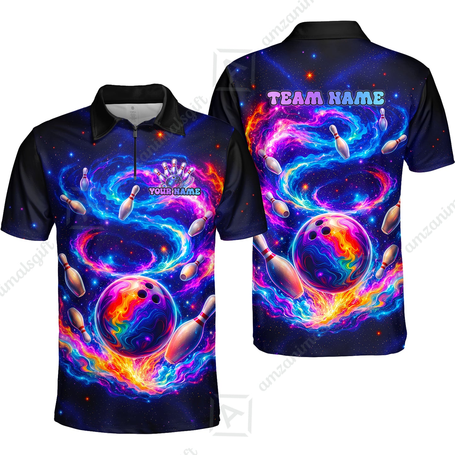 Custom Bowling Jersey Polo Shirt, Galaxy Bowling World, Personalized Name And Team Name