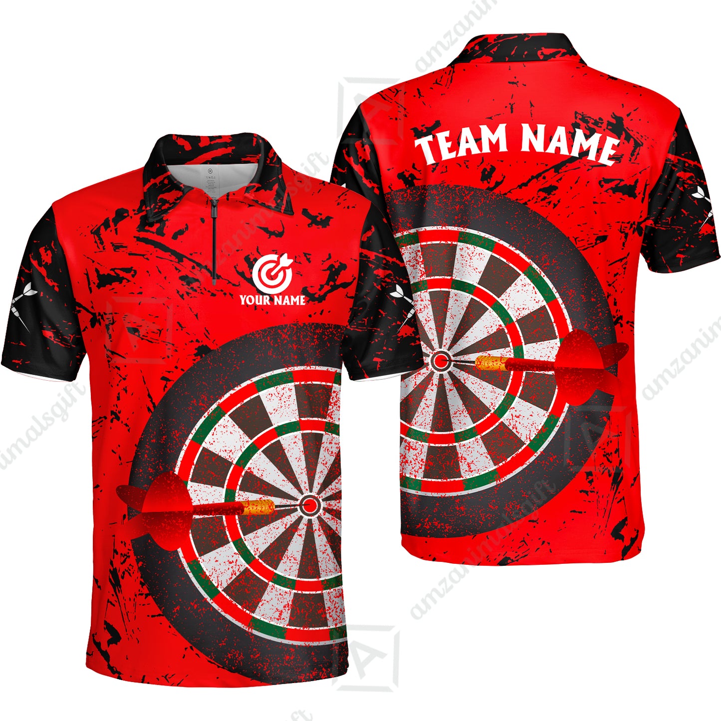 Red Dartboard Pattern Custom Darts Team Jersey Polo Quarter-Zip Shirts, Customized Name Team Name Darts Team Jerseys Uniform