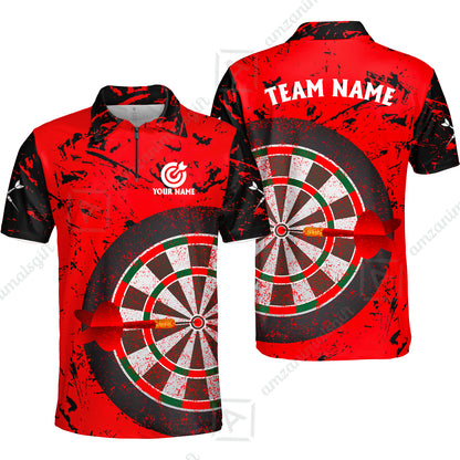 Red Dartboard Pattern Custom Darts Team Jersey Polo Quarter-Zip Shirts, Customized Name Team Name Darts Team Jerseys Uniform