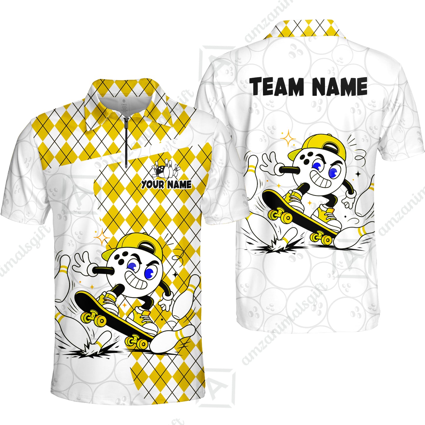 Custom Bowling Jersey Polo Shirt, Skateboarder Bowling Ball Mascot, Custom Bowling Jersey Team Shirt For Players With Name and Team Name