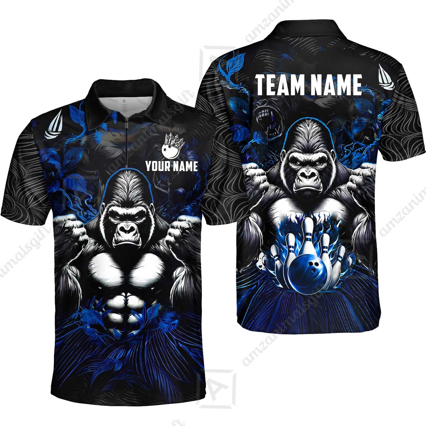 Custom Bowling Jersey Polo Shirt, Furious Gorilla Mascot, Custom Bowling Jersey Team Shirt For Players With Name & Team Name