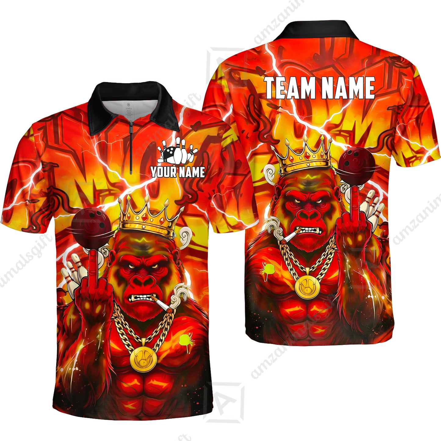 Custom Bowling Jersey Polo Shirt, Rebellious Gorilla King & Street Graffiti, Custom Bowling Jersey Team Shirt For Players With Name & Team Name