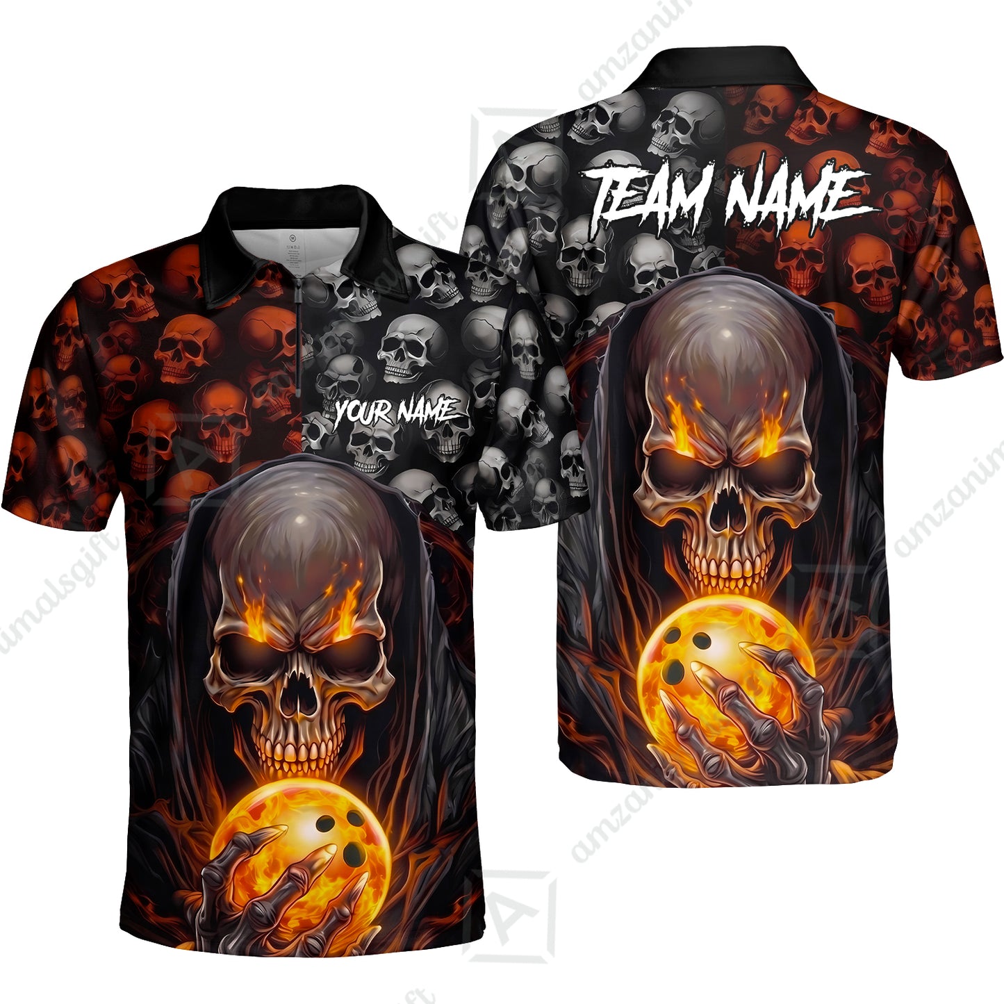 Custom Bowling Jersey Polo Shirt, Death Multiple Skulls, Personalized Name And Team Name
