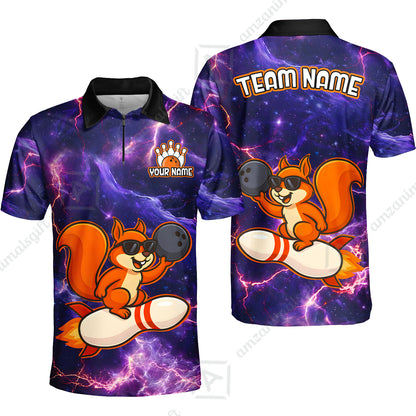 Funny Bowling Custom Polo T-Shirt - Fun Cartoon Purple Galaxy With Lightning Squirrel Wearing Sunglasses, Personalized Bowling Jersey Polo Shirts