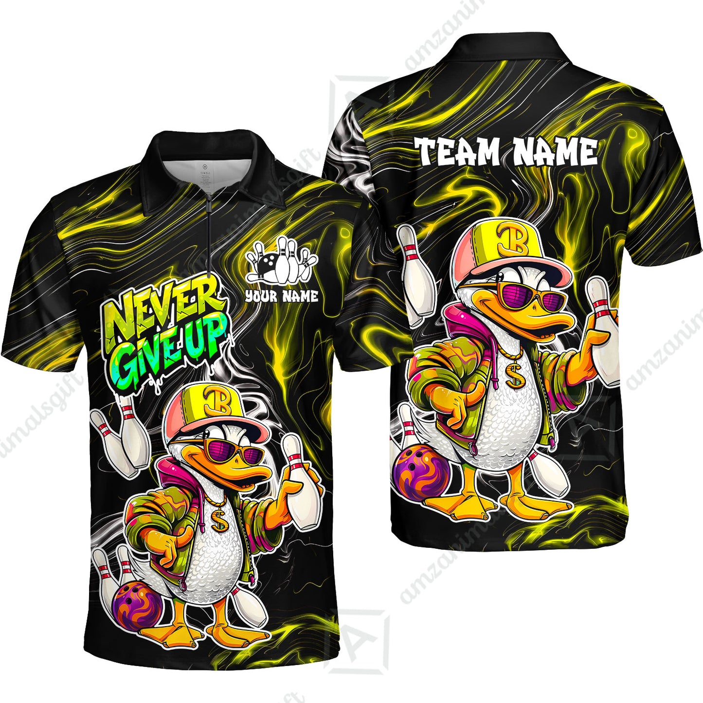 Custom Bowling Jersey Polo Shirt, Duck Never Give Up, Custom Bowling Jersey Team Shirt For Players With Name & Team Name