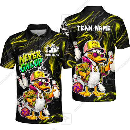 Custom Bowling Jersey Polo Shirt, Duck Never Give Up, Custom Bowling Jersey Team Shirt For Players With Name & Team Name