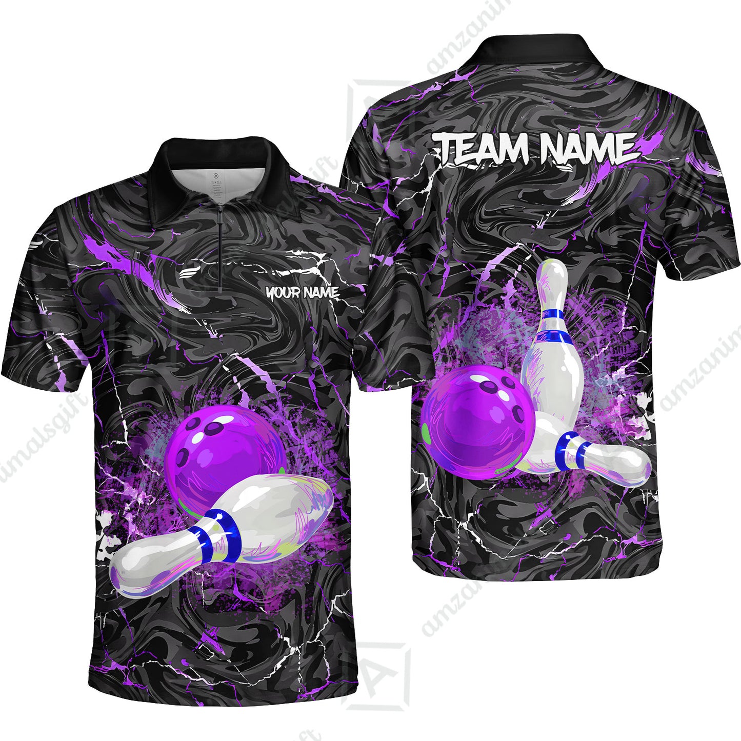 Customized Bowling Unisex Polo Shirt, Swirling Marbled Pattern Vibrant Veins, Bowling Uniforms, Personalized Name And Team Name