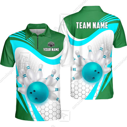 Custom Bowling Jersey Polo Shirt, Geometric Streamline & Fresh Mint, Custom Bowling Jersey Team Shirt For Players With Name & Team Name