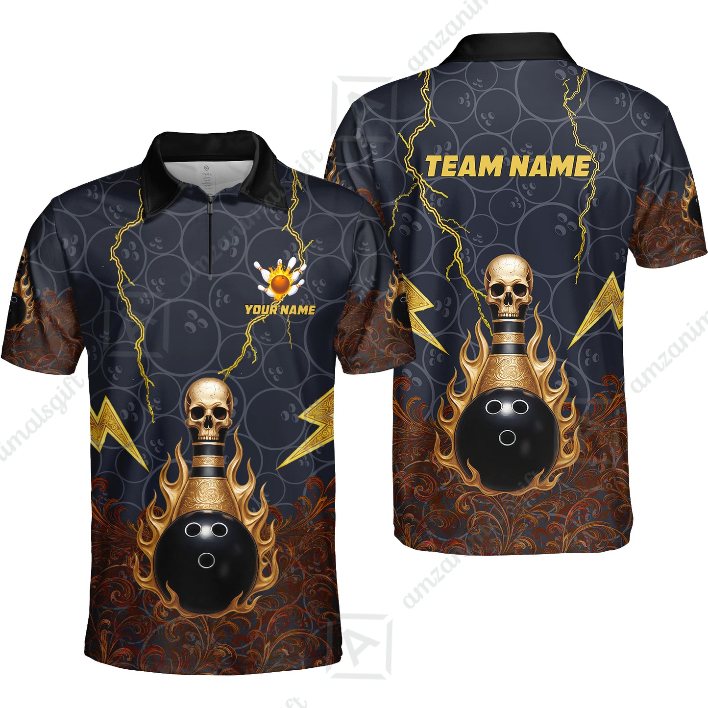 Custom Bowling Team Unisex Polo Shirt, Thunder Skull Strike Personalized Team Shirt, Custom Name and Team Name for Bowlers