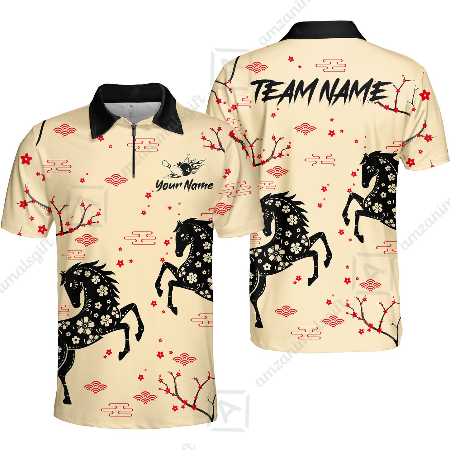 Customized Bowling Unisex Polo Shirt, Floral Pattern Horse Cherry Blossom, Bowling Uniform - Personalized Name Team Name