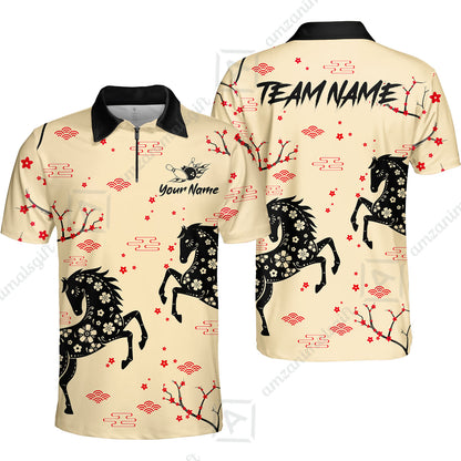 Customized Bowling Unisex Polo Shirt, Floral Pattern Horse Cherry Blossom, Bowling Uniform - Personalized Name Team Name