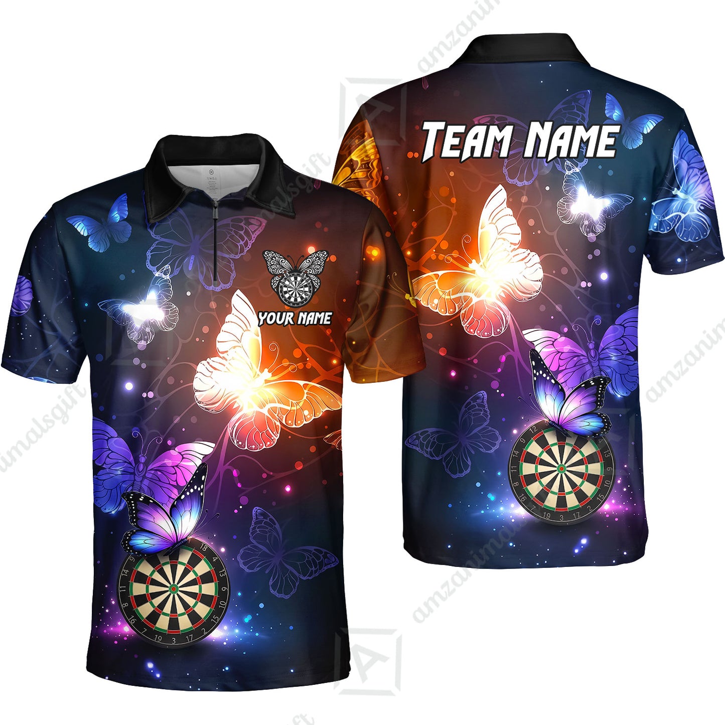 Custom Darts Jersey Polo Shirt, Butterfly Sparkle Darts, Custom Dart Jersey Team Shirt For Players With Name & Team Name