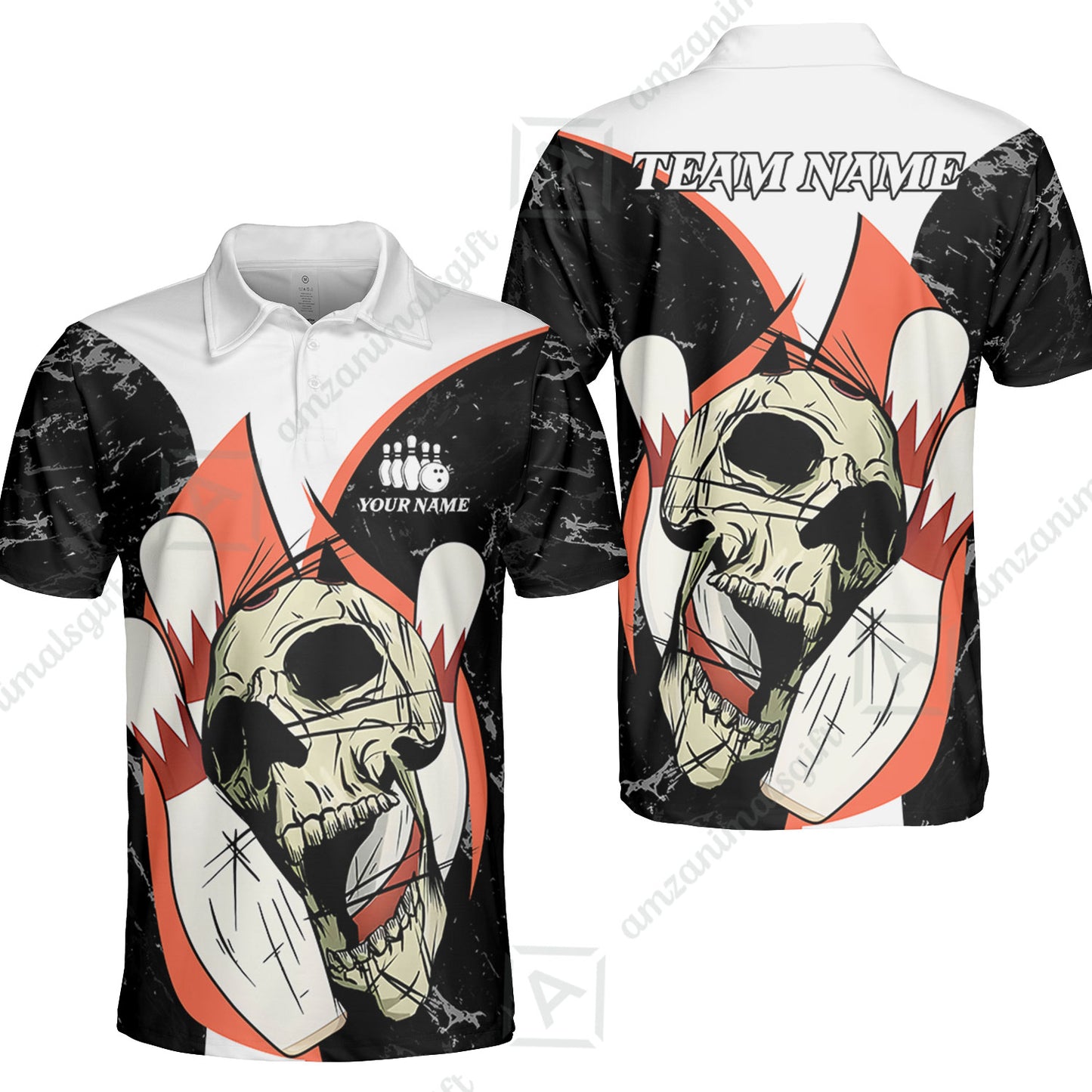 Customized Bowling Team Polo Jersey, Skull Rolling Bowling Illustration Halloween Style Uniform Shirt For Bowlers