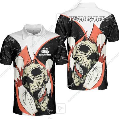 Customized Bowling Team Polo Jersey, Skull Rolling Bowling Illustration Halloween Style Uniform Shirt For Bowlers