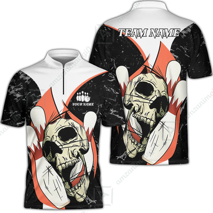 Customized Bowling Team Polo Jersey, Skull Rolling Bowling Illustration Halloween Style Uniform Shirt For Bowlers