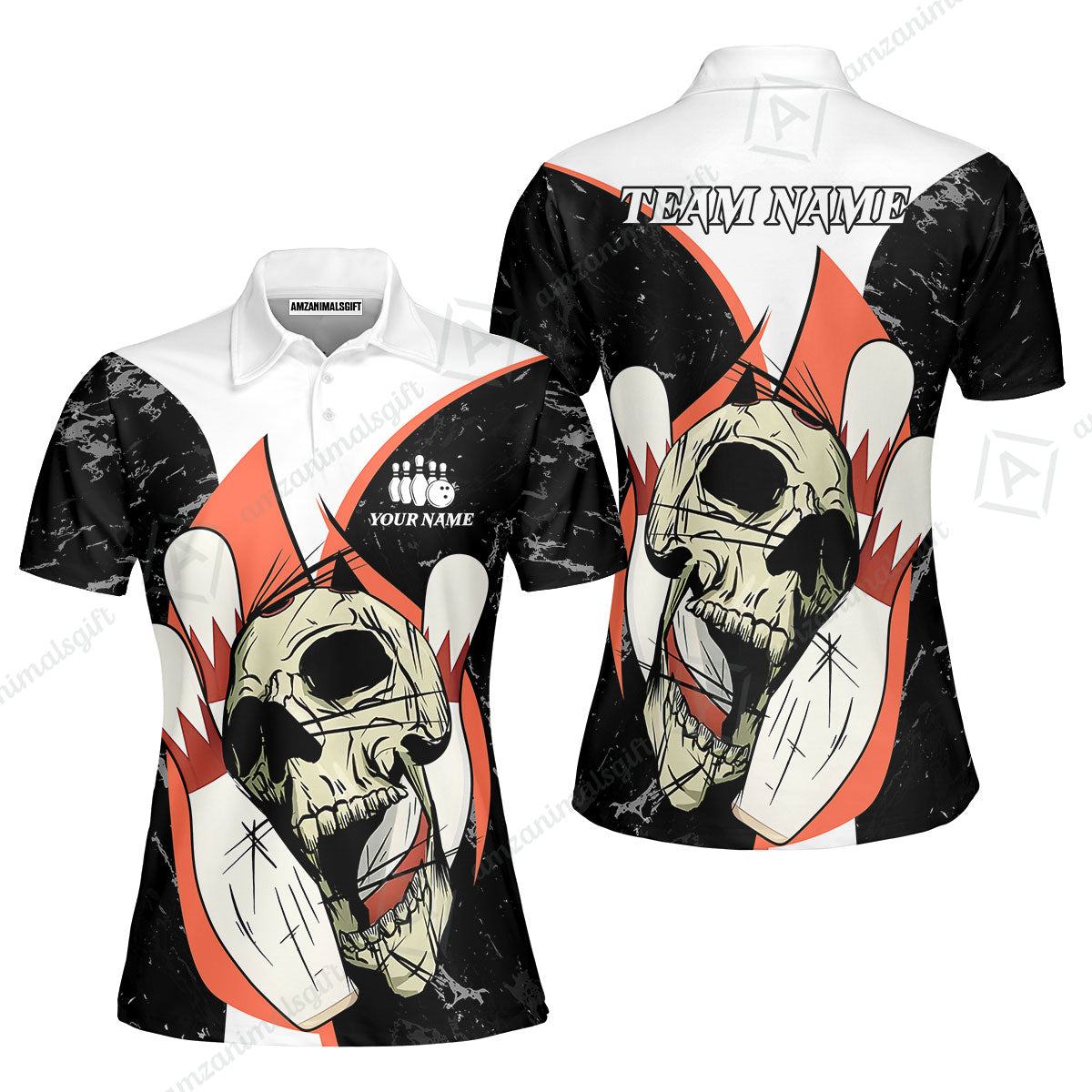 Customized Bowling Team Polo Jersey, Skull Rolling Bowling Illustration Halloween Style Uniform Shirt For Bowlers