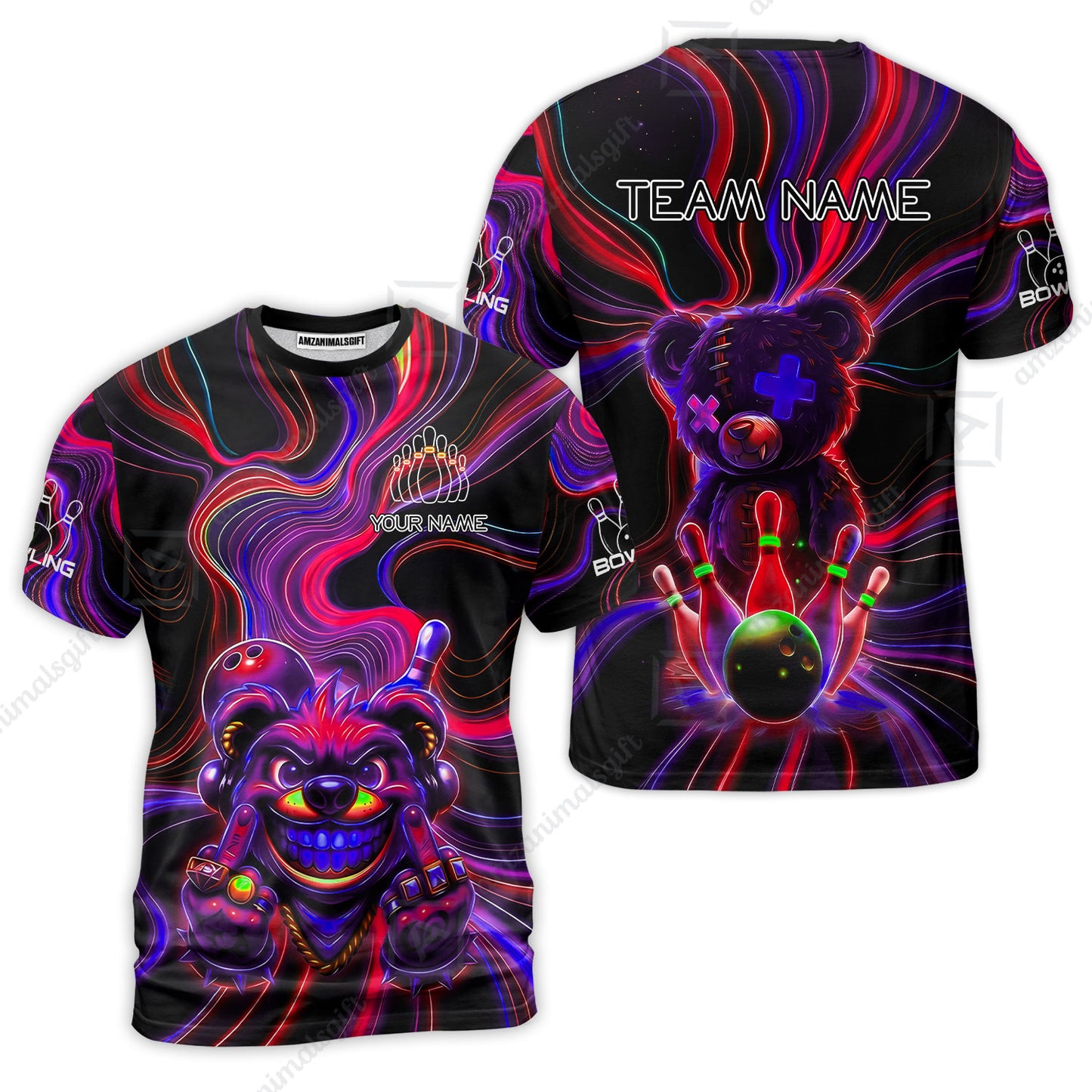 Customized Bowling Unisex Polo Shirt, Crazy Neon Bear Bowling Strike, Bowling Uniform - Personalized Name And Team Name