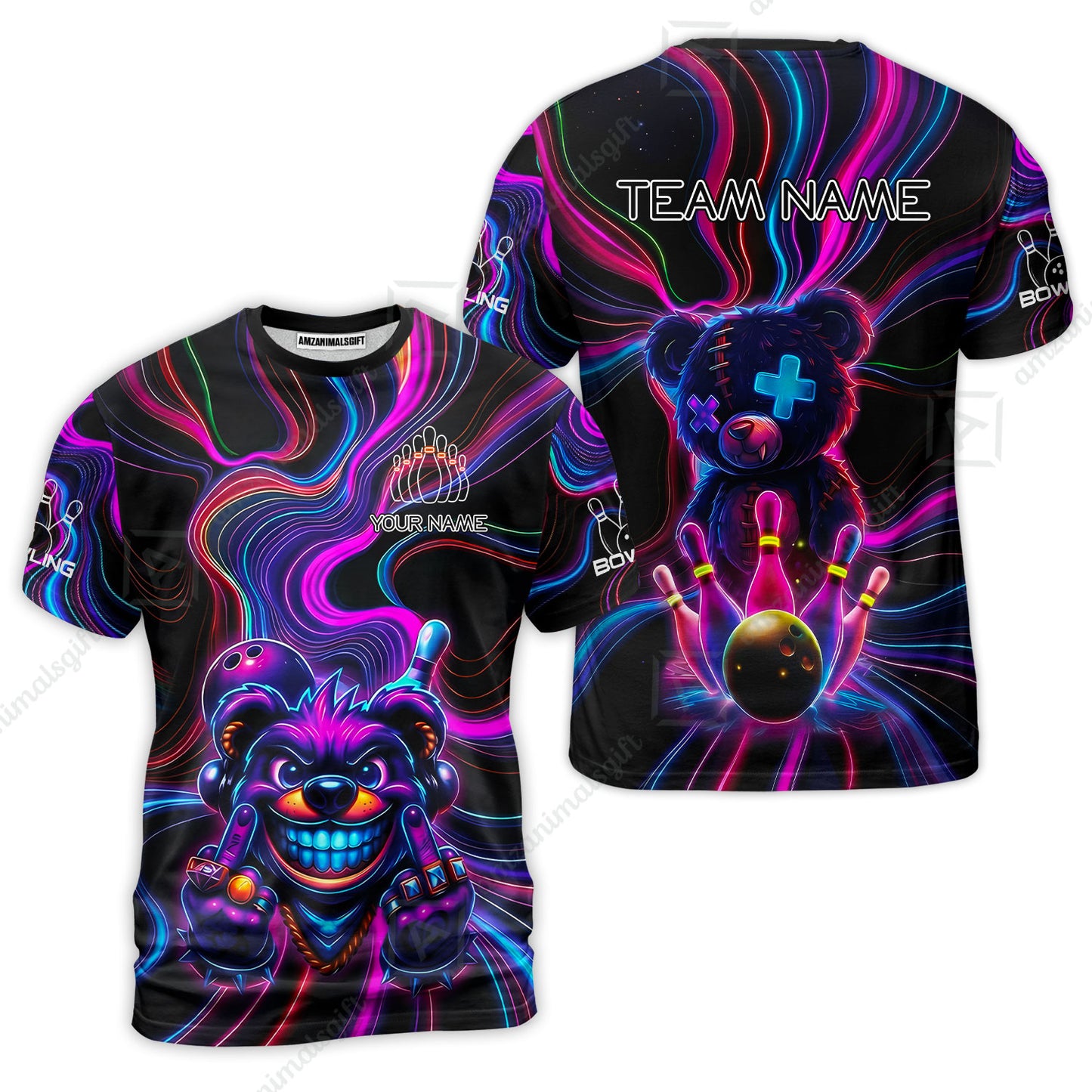 Customized Bowling Unisex Polo Shirt, Crazy Neon Bear Bowling Strike, Bowling Uniform - Personalized Name And Team Name