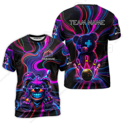 Customized Bowling Unisex Polo Shirt, Crazy Neon Bear Bowling Strike, Bowling Uniform - Personalized Name And Team Name