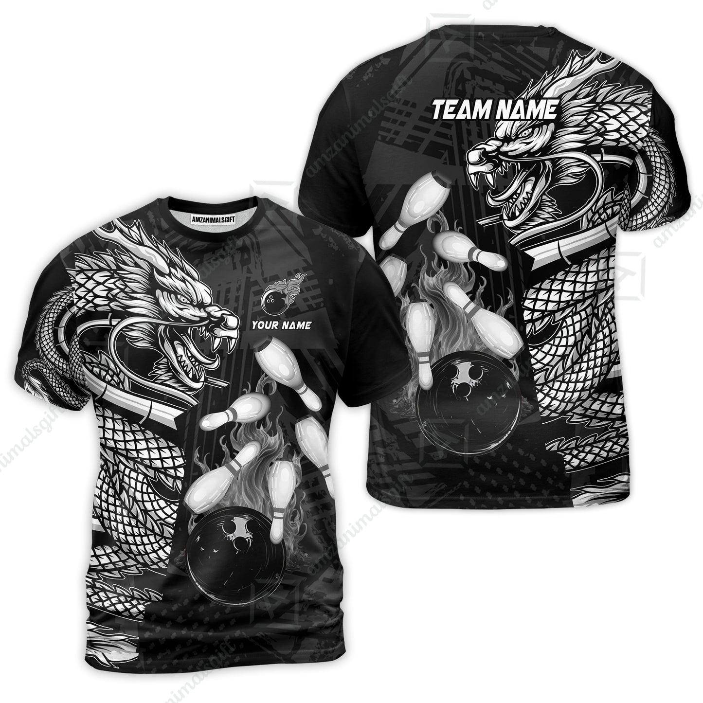 Custom Bowling Team Jerseys Polo Shirts, Bowling uniforms Bowling & Pins Dragon Flame Fire Multicolor Options Personalized Name And Team Name