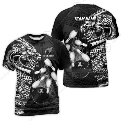 Custom Bowling Team Jerseys Polo Shirts, Bowling uniforms Bowling & Pins Dragon Flame Fire Multicolor Options Personalized Name And Team Name