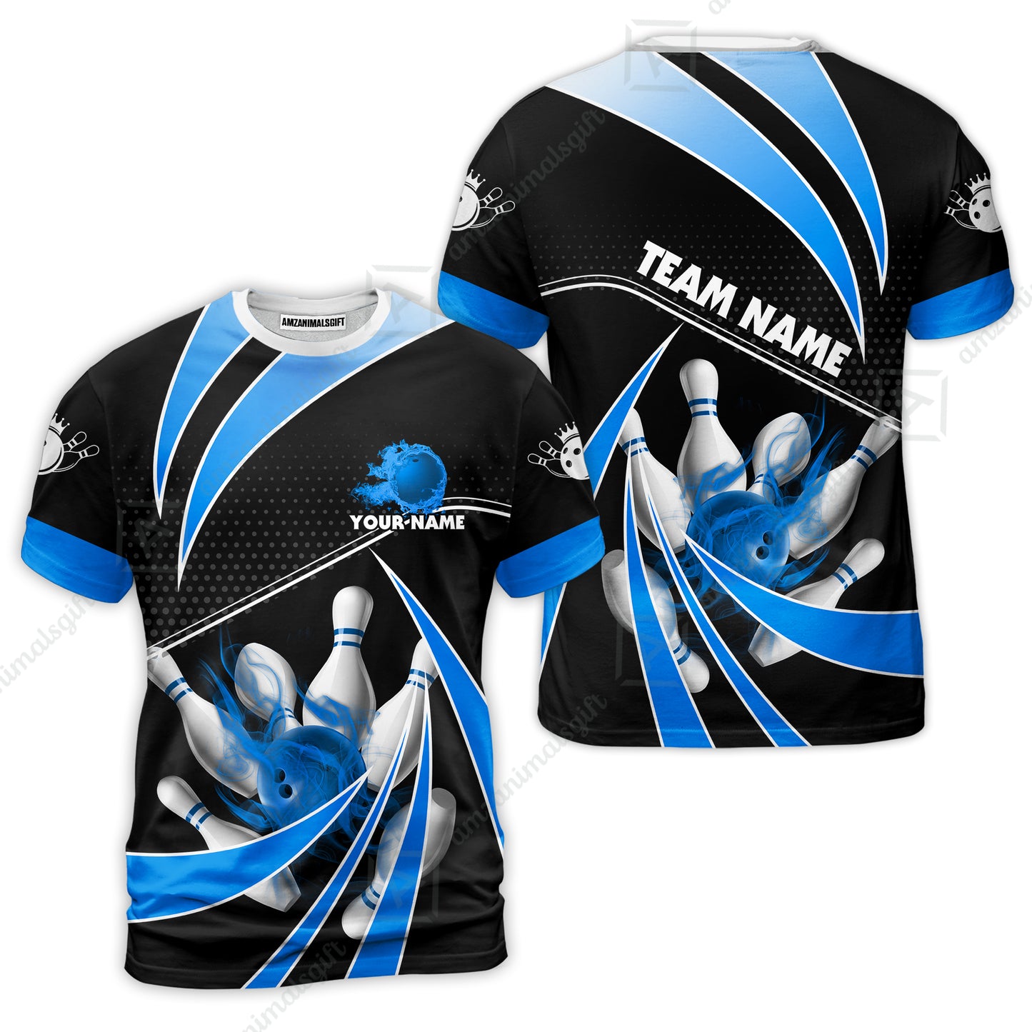 Customized Bowling Team T-Shirt, Bowling Ball & Pins Fire Light Sport T-Shirt Multicolor Option For Bowlers