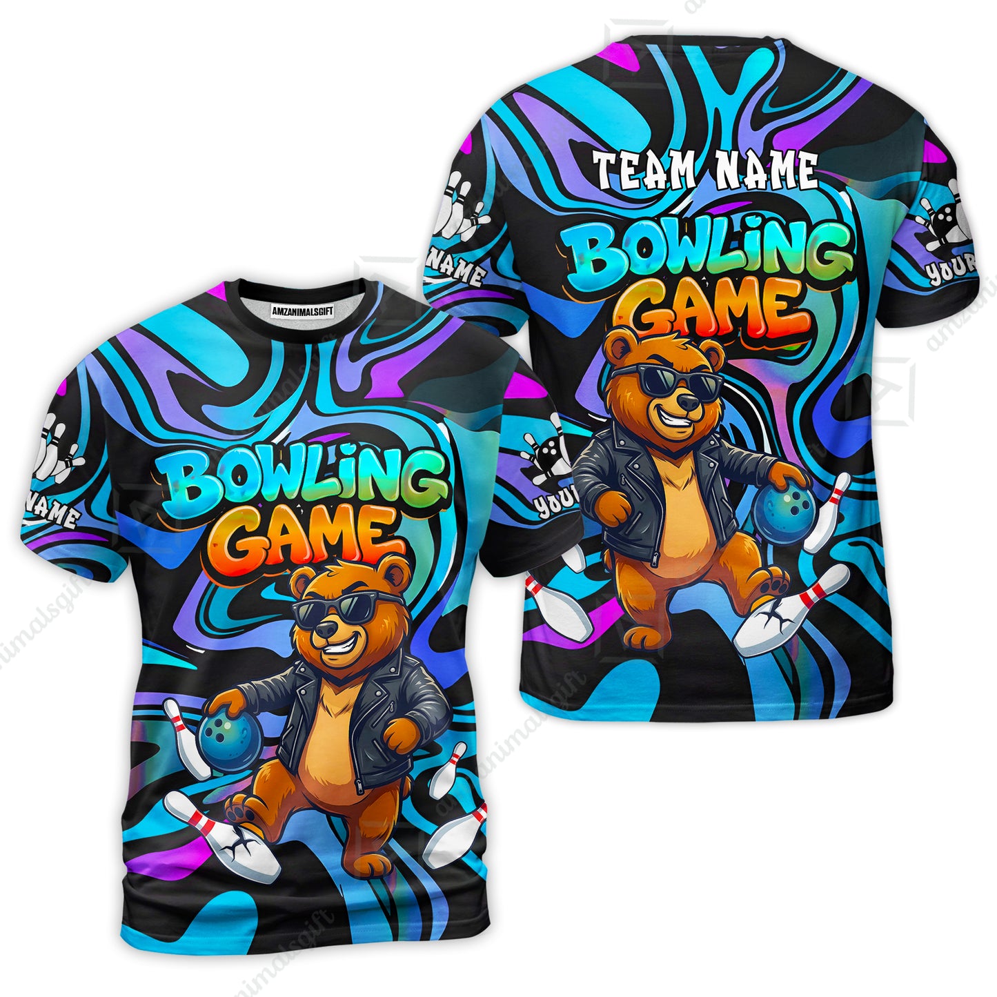Custom Bowling Jersey Polo Shirt, Trippy Swirl Rocker Bear Graffiti Style, Custom Bowling Jersey Team Shirt For Players With Name & Team Name