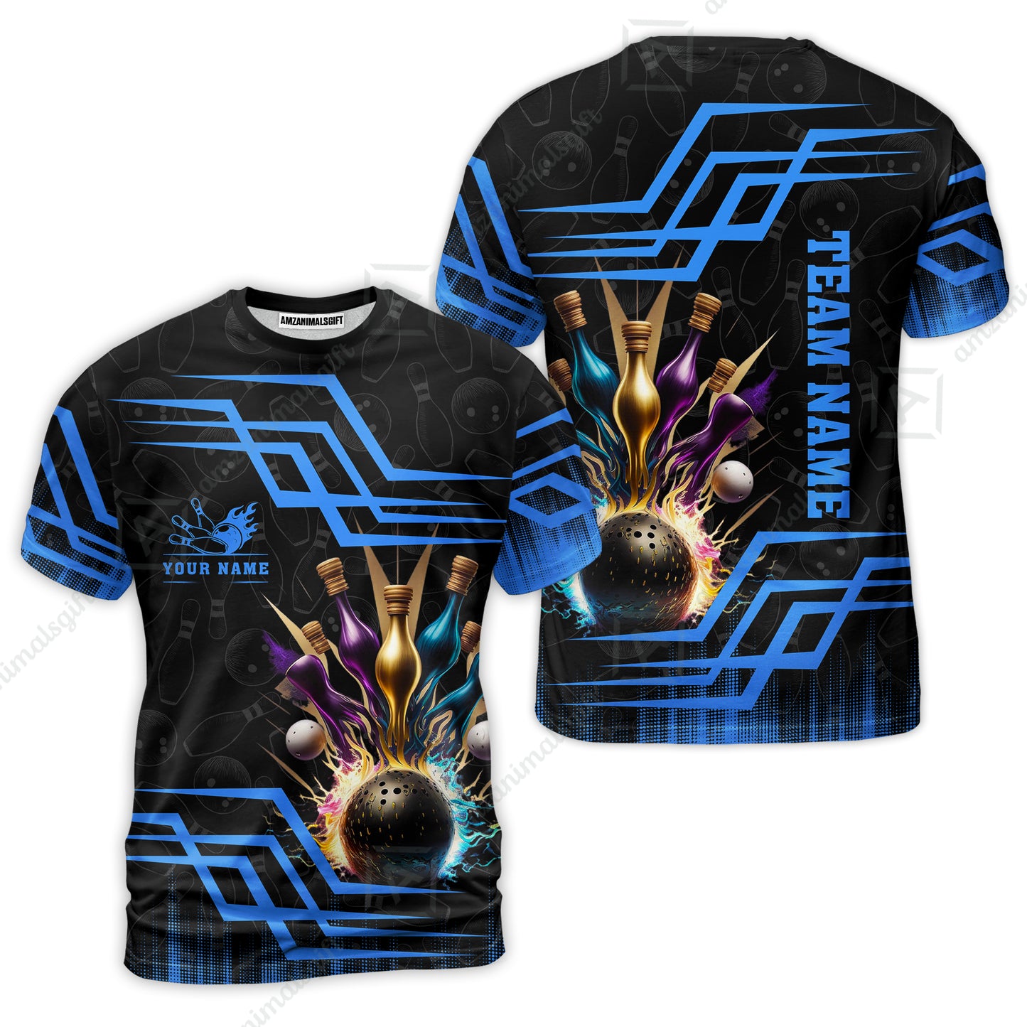 Customized Bowling Unisex Polo, Bowling And Pins Royal Multicolor Option Customized Name And Team Name For Bowling Team