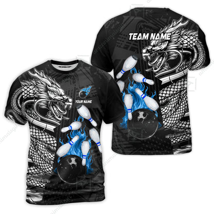 Custom Bowling Team Jerseys Polo Shirts, Bowling uniforms Bowling & Pins Dragon Flame Fire Multicolor Options Personalized Name And Team Name