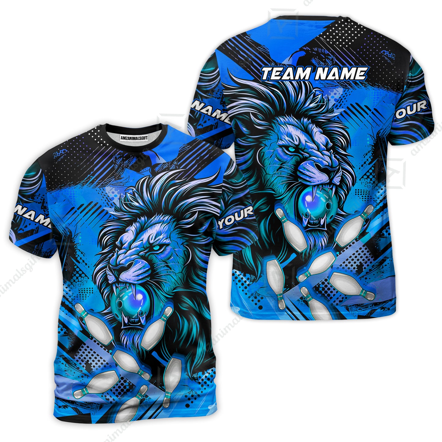 Custom Bowling Team Jerseys Shirts, Bowling uniforms Ball & Pins Lion Pattern Personalized Name And Team Name